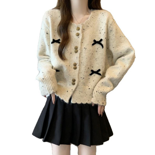 韓系chic彩點針織開衫女2025秋季新款大碼胖mm短款蝴蝶結毛衣外套