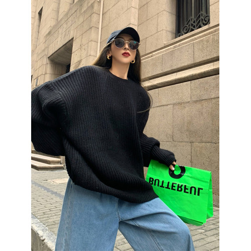 慵懶風毛衣女圓領寬松套頭外穿長袖針織衫秋冬中長款百搭休閒上衣