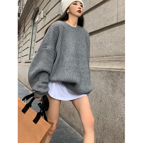 慵懶風毛衣女圓領寬松套頭外穿長袖針織衫秋冬中長款百搭休閒上衣