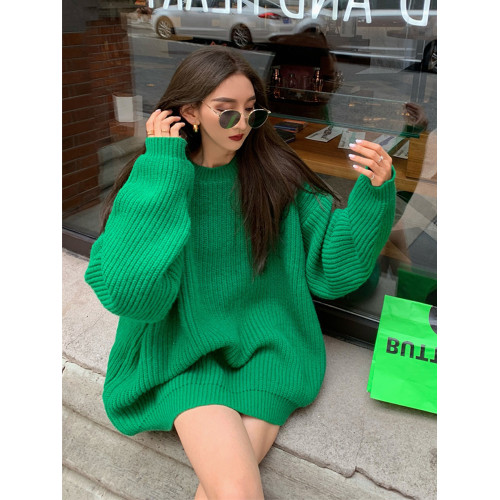 慵懶風毛衣女圓領寬松套頭外穿長袖針織衫秋冬中長款百搭休閒上衣