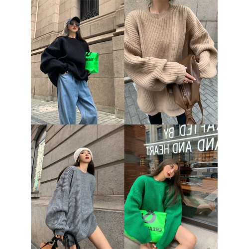 慵懶風毛衣女圓領寬松套頭外穿長袖針織衫秋冬中長款百搭休閒上衣