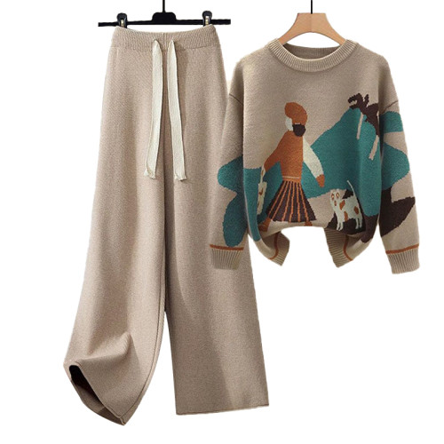 美拉德針織毛衣女寬松設計感秋冬2025年新款時尚百搭直筒濶腿褲子