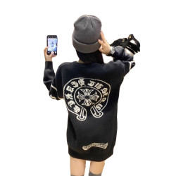 秋冬新款字母梵文長袖套頭寬松中長款針織衫外套慵懶風氣質毛衣女