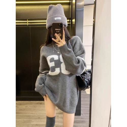 秋冬新款字母梵文長袖套頭寬松中長款針織衫外套慵懶風氣質毛衣女