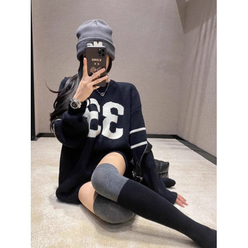 秋冬新款字母梵文長袖套頭寬松中長款針織衫外套慵懶風氣質毛衣女