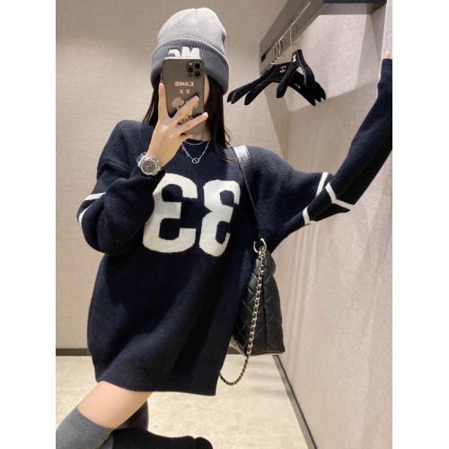 秋冬新款字母梵文長袖套頭寬松中長款針織衫外套慵懶風氣質毛衣女