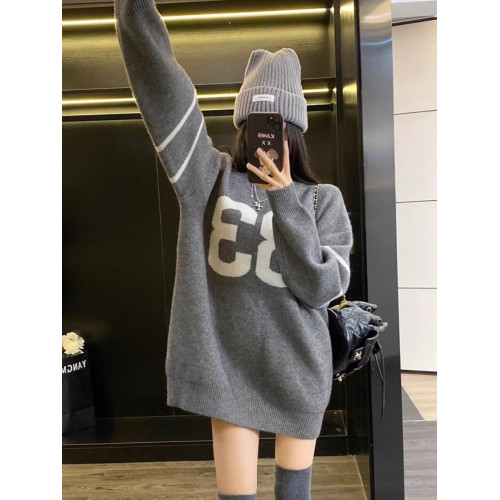 秋冬新款字母梵文長袖套頭寬松中長款針織衫外套慵懶風氣質毛衣女