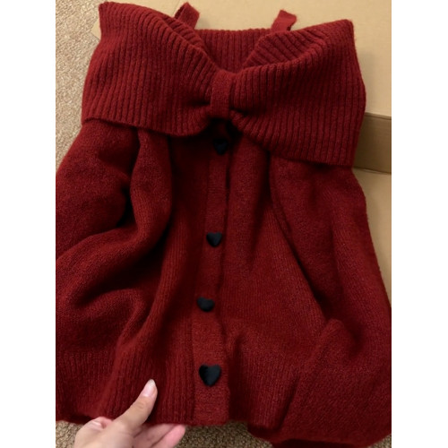 聖誕穿搭紅色一字肩蝴蝶結毛衣女秋冬季2025新款寬松露肩針織上衣