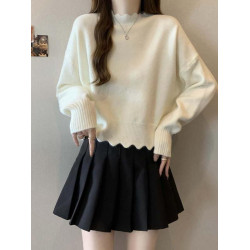 法式花邊半高領正肩針織衫毛衣女秋季大碼胖mm短款打底衫軟糯上衣