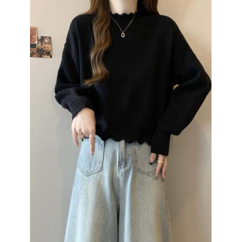 法式花邊半高領正肩針織衫毛衣女秋季大碼胖mm短款打底衫軟糯上衣 法式花邊半高領正肩針織衫毛衣女秋季大碼胖mm短款打底衫軟糯上衣