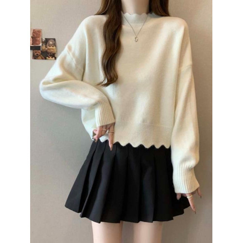 法式花邊半高領正肩針織衫毛衣女秋季大碼胖mm短款打底衫軟糯上衣 法式花邊半高領正肩針織衫毛衣女秋季大碼胖mm短款打底衫軟糯上衣