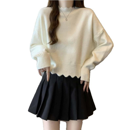 法式花邊半高領正肩針織衫毛衣女秋季大碼胖mm短款打底衫軟糯上衣 法式花邊半高領正肩針織衫毛衣女秋季大碼胖mm短款打底衫軟糯上衣