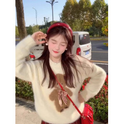 甜美軟糯馬海毛小熊圓領毛衣女套頭加厚小個子內搭針織衫秋冬上衣