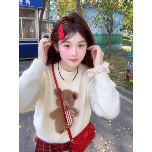 甜美軟糯馬海毛小熊圓領毛衣女套頭加厚小個子內搭針織衫秋冬上衣