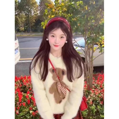 甜美軟糯馬海毛小熊圓領毛衣女套頭加厚小個子內搭針織衫秋冬上衣