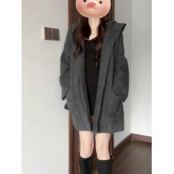 慵懶風加厚寬松針織開衫秋冬新款外搭中長款連帽超好看毛衣外套女