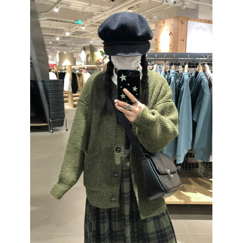 森系綠色毛衣外套女2025新款早秋季慵懶風寬松厚針織開衫新年穿搭