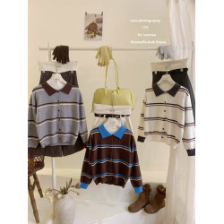 復古miu系撞色條紋polo翻領針織開衫女秋冬洋氣休閒減齡chic上衣