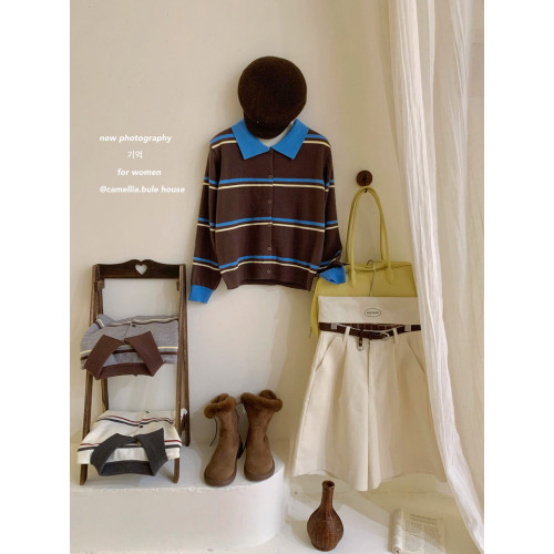 復古miu系撞色條紋polo翻領針織開衫女秋冬洋氣休閒減齡chic上衣