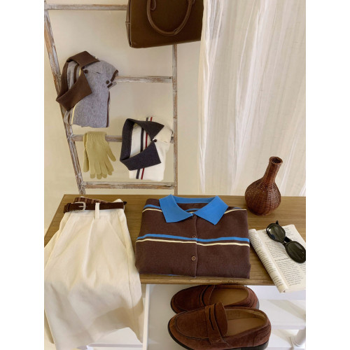 復古miu系撞色條紋polo翻領針織開衫女秋冬洋氣休閒減齡chic上衣