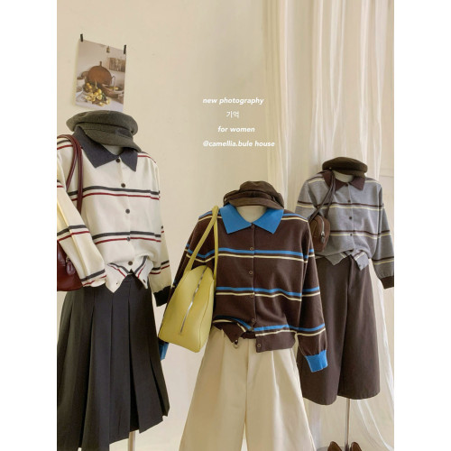 復古miu系撞色條紋polo翻領針織開衫女秋冬洋氣休閒減齡chic上衣