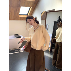 PPHOME軟糯牛角釦黃色毛衣女秋季甜美韓系娃娃領寬松針織衫短上衣