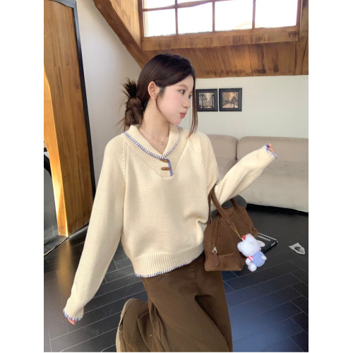 PPHOME軟糯牛角釦黃色毛衣女秋季甜美韓系娃娃領寬松針織衫短上衣