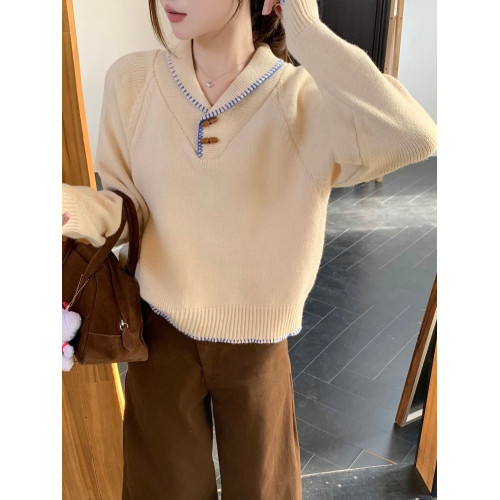 PPHOME軟糯牛角釦黃色毛衣女秋季甜美韓系娃娃領寬松針織衫短上衣