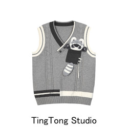 可愛立體毛絨小浣熊針織衫馬甲女秋冬學院風撞色V領曡穿毛衣背心