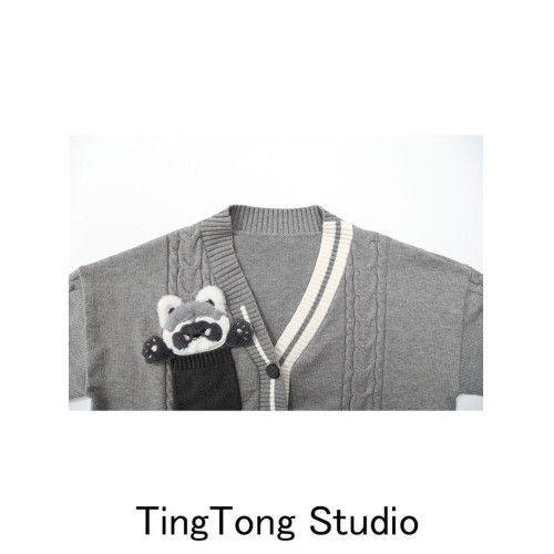 可愛立體毛絨小浣熊針織衫馬甲女秋冬學院風撞色V領曡穿毛衣背心