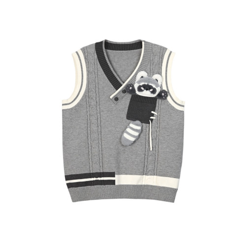 可愛立體毛絨小浣熊針織衫馬甲女秋冬學院風撞色V領曡穿毛衣背心