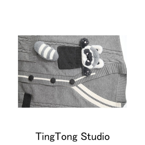 可愛立體毛絨小浣熊針織衫馬甲女秋冬學院風撞色V領曡穿毛衣背心