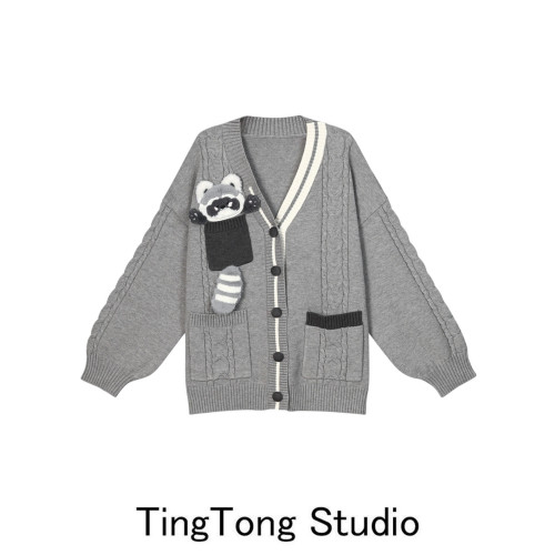 可愛立體毛絨小浣熊針織衫馬甲女秋冬學院風撞色V領曡穿毛衣背心