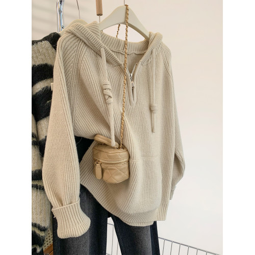 秋冬浣熊絨半拉鍊連帽毛衣女秋冬加厚寬松慵懶風高級感外穿針織衫