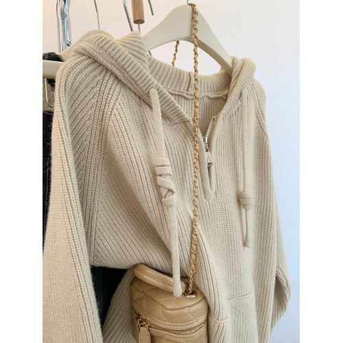 秋冬浣熊絨半拉鍊連帽毛衣女秋冬加厚寬松慵懶風高級感外穿針織衫