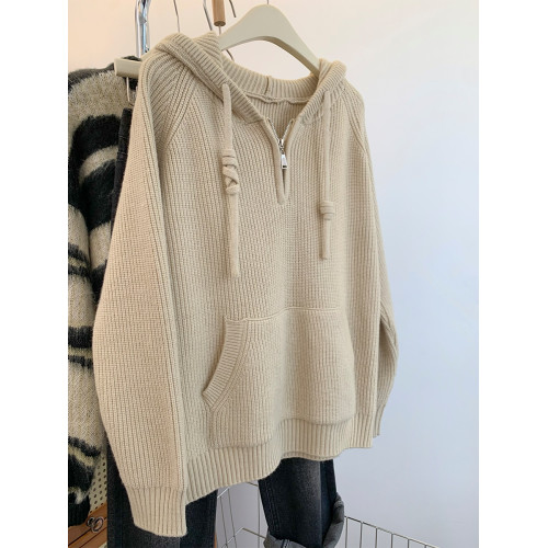秋冬浣熊絨半拉鍊連帽毛衣女秋冬加厚寬松慵懶風高級感外穿針織衫