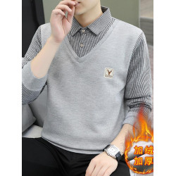 加絨加厚男士假兩件秋冬季保暖毛衣針織衫爸爸裝打底衫襯衣衫長袖