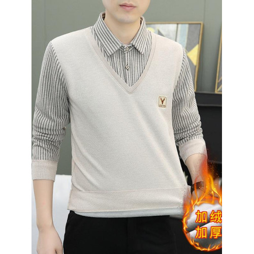 加絨加厚男士假兩件秋冬季保暖毛衣針織衫爸爸裝打底衫襯衣衫長袖