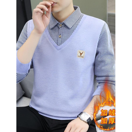 加絨加厚男士假兩件秋冬季保暖毛衣針織衫爸爸裝打底衫襯衣衫長袖