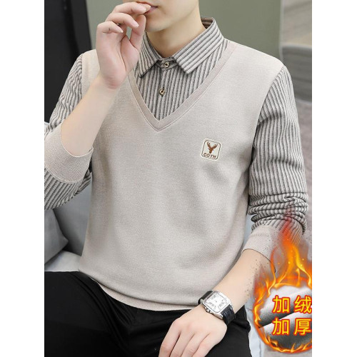 加絨加厚男士假兩件秋冬季保暖毛衣針織衫爸爸裝打底衫襯衣衫長袖