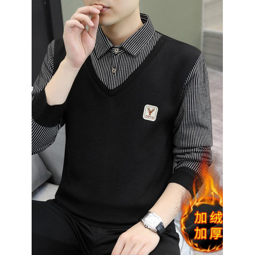 加絨加厚男士假兩件秋冬季保暖毛衣針織衫爸爸裝打底衫襯衣衫長袖