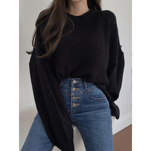 韓國chic秋冬減齡復古寬松慵懶毛衣純色基礎款百搭套頭針織上衣女