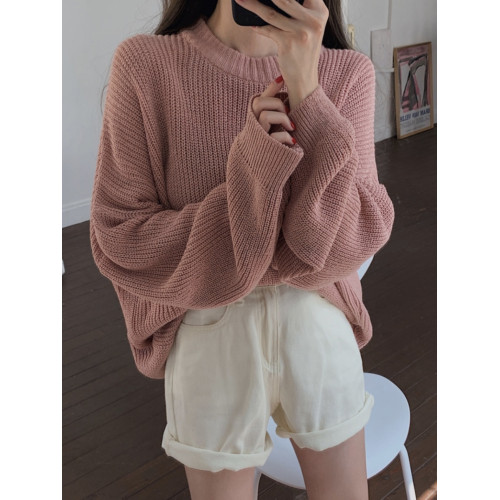 韓國chic秋冬減齡復古寬松慵懶毛衣純色基礎款百搭套頭針織上衣女