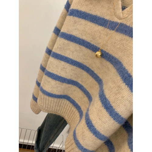 歐貨藍色條紋polo翻領長袖軟糯針織衫毛衣秋冬女慵懶復古套頭上衣