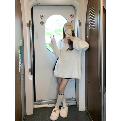 PPHOME溫柔風軟糯仿貂毛V領毛衣女秋季純欲寬松慵懶風針織衫上衣