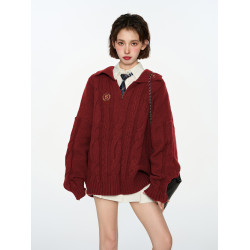 聖誕紅色polo翻領針織毛衣女秋冬季v領加厚過年本命年學院風上衣