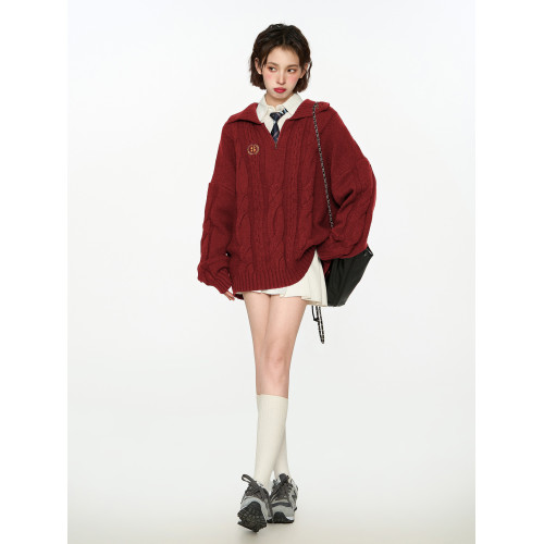 聖誕紅色polo翻領針織毛衣女秋冬季v領加厚過年本命年學院風上衣