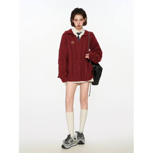 聖誕紅色polo翻領針織毛衣女秋冬季v領加厚過年本命年學院風上衣