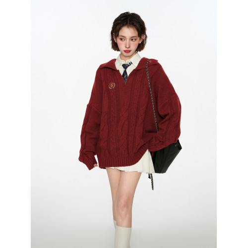 聖誕紅色polo翻領針織毛衣女秋冬季v領加厚過年本命年學院風上衣