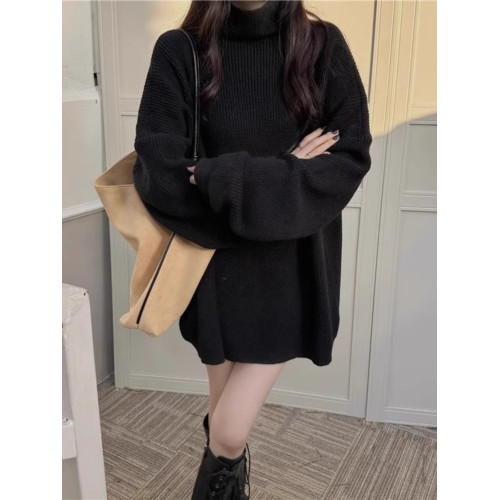 慵懶風高領毛衣女秋冬季加厚外穿復古寬松純色簡約百搭針織衫上衣